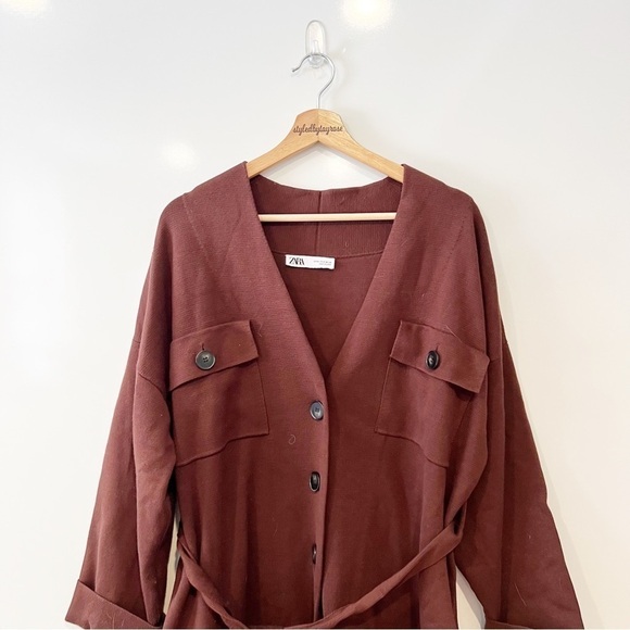 Zara Brown Knit Trench Coat with Belt - Picture 4 of 16